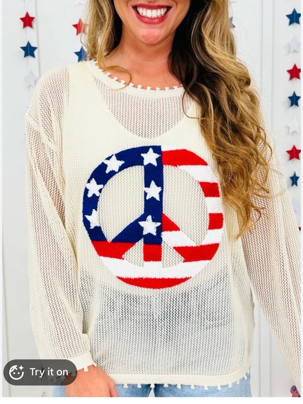 NWT Haptics Women’s Sz 1X Americana Patriotic Peace Cream Open Knit Sweater Top